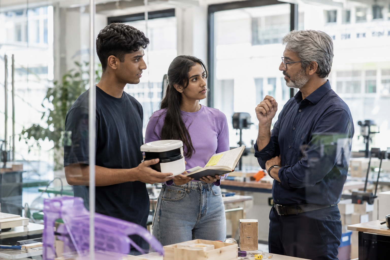 Student founders discussing a prototype with an experienced mentor